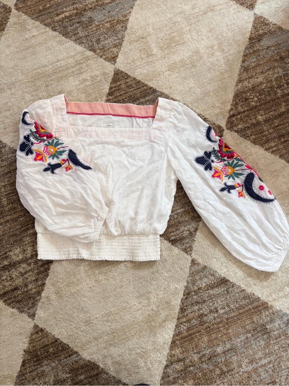 Anthropologie White Crop Peasant Top with Multicolor Embroidery